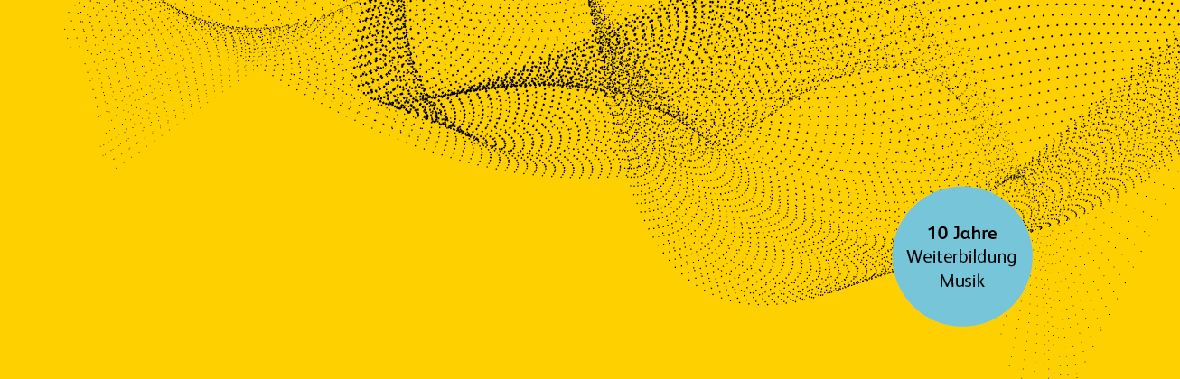 schwarze Grafik auf gelbem Hintergrund, hellblauer Button 10 Jahre Musik Weiterbildung