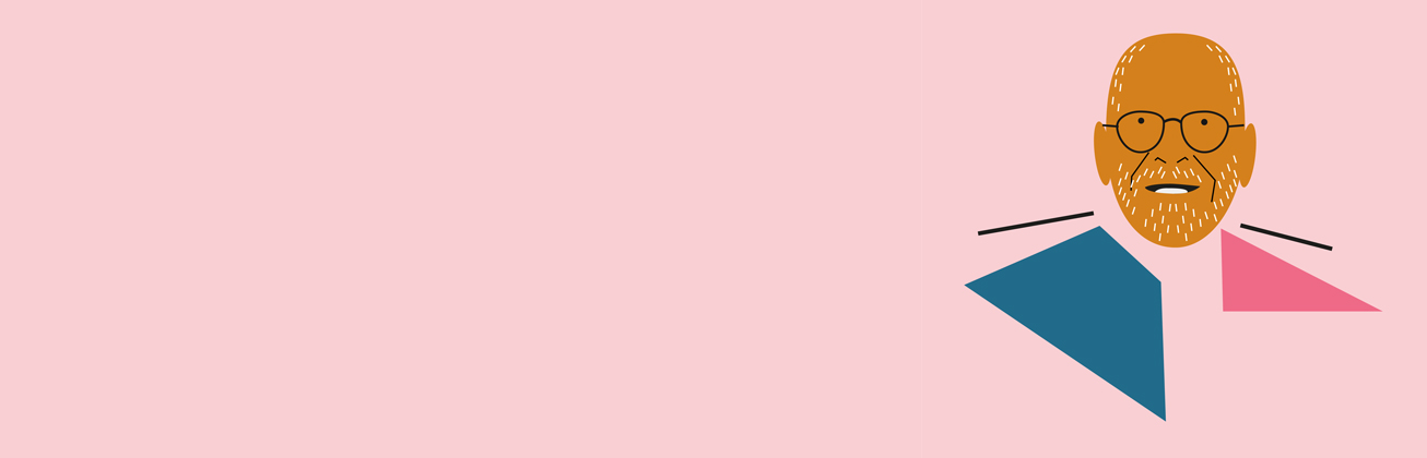 Eine rosa Fläche die auf der rechten Seite eine abstrakte Illustration eines älteren Mannes mit Brille zeigt