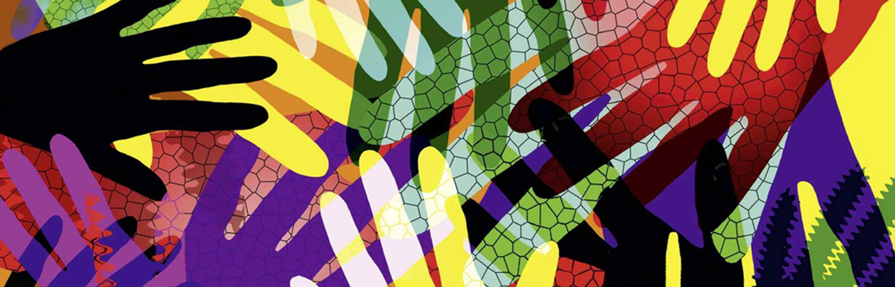 Buntes Visual mit vielen Händen übereinander