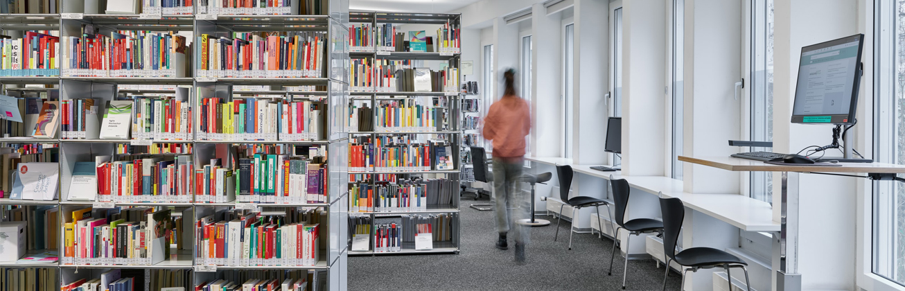 Bibliotheksregale mit Büchern und Fensterfront