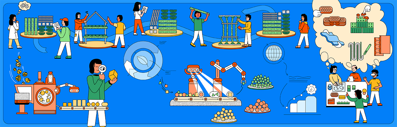 Illustration diverser Forschungsprojekte der HSLU – T&A zum Thema Kreislaufwirtschaft und Ressourceneffizienz