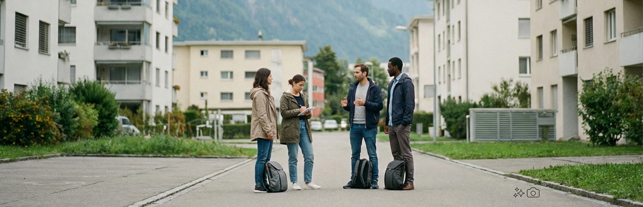 Forschende diskutieren Energielösungen in einem Schweizer Wohnquartier