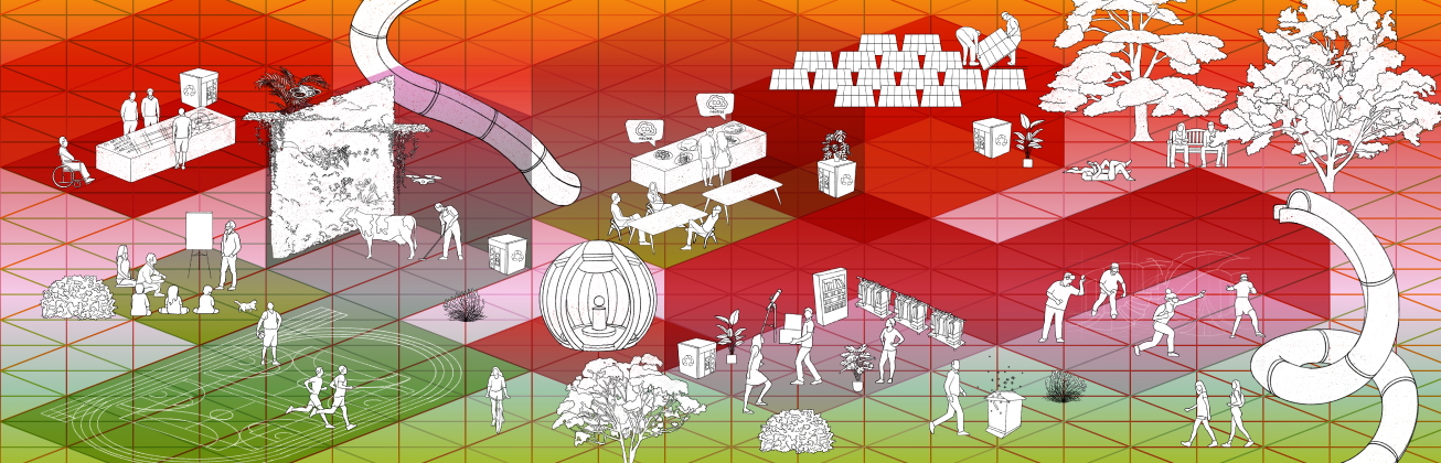 Colored spaces with small white illustrations of possible activities on campus living lab