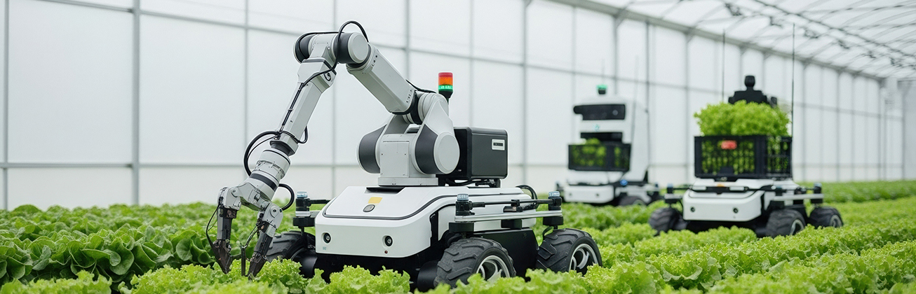 Autonome Roboter ernten Salat in einem modernen Gewächshaus.