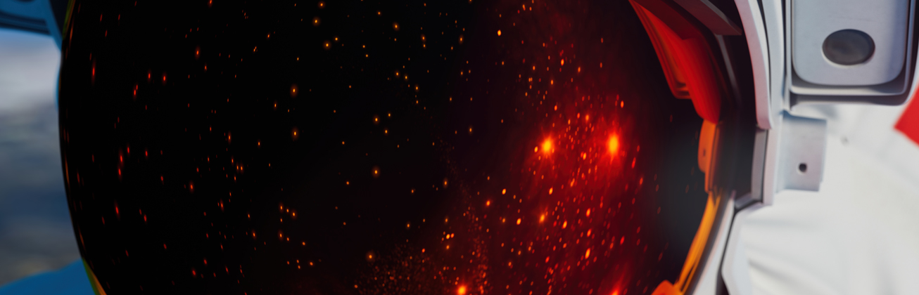 Nahaufnahme eines Astronautenhelms mit reflektierendem Visier in rötlichen Tönen
