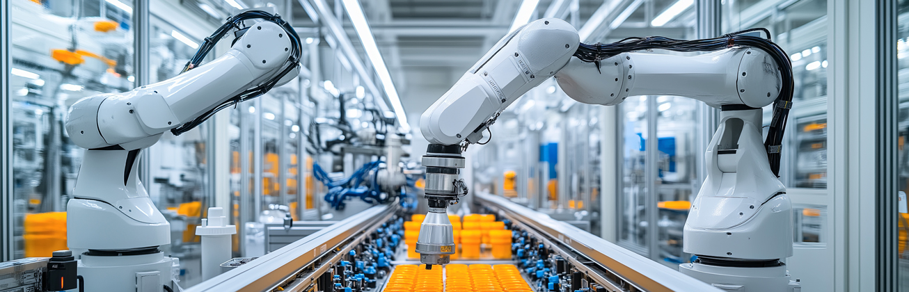 Viele Industrieroboter arbeiten an einem Laufband