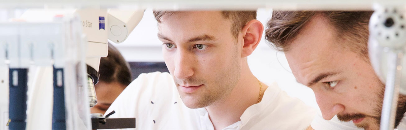 2 Männer blicken ins Mikroskop