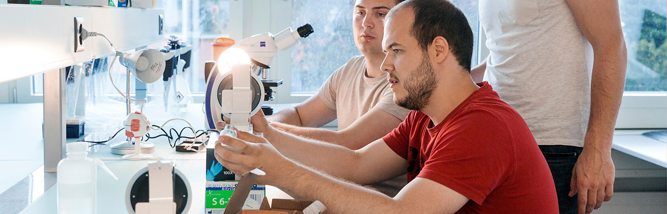 Drei Maenner, die sich ein Mikroskop betrachten