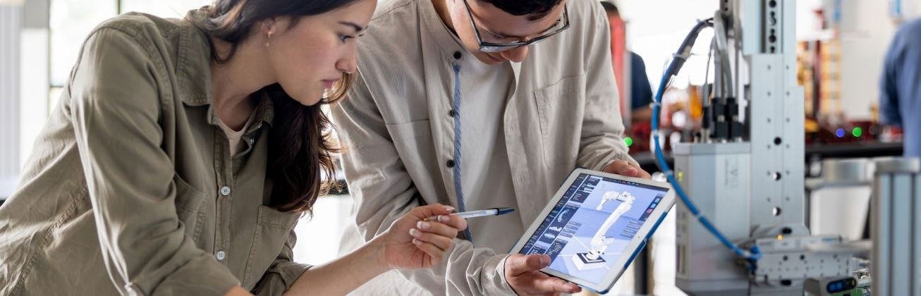 Zwei Studierende analysieren ein technisches 3D-Modell auf einem Tablet im Labor