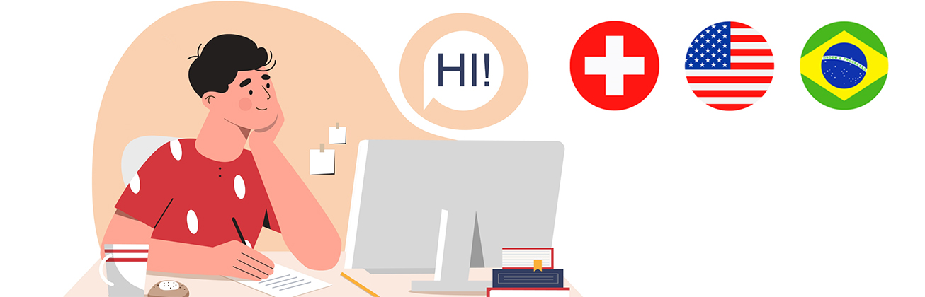 Grafik Student vor Bildschirm mit Länderflaggen