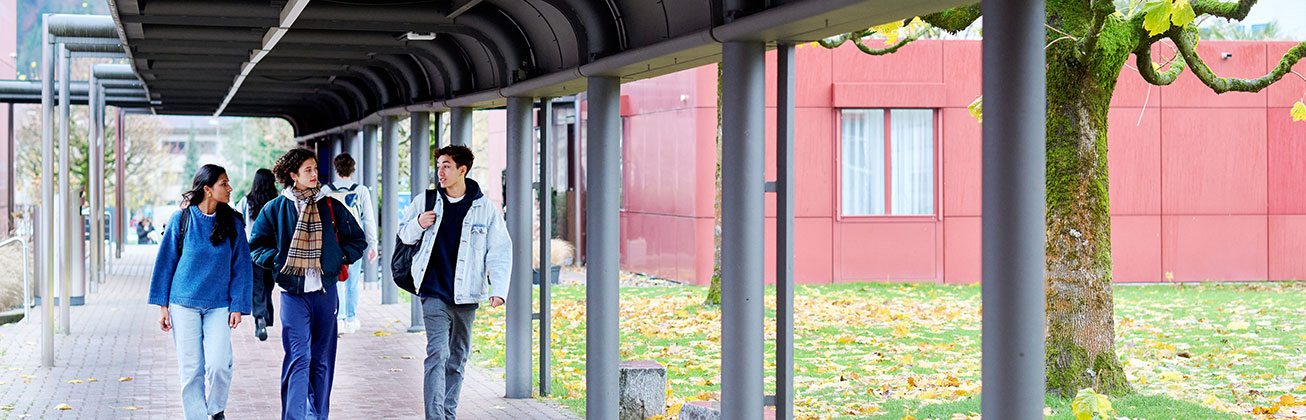 Junge Menschen gehen auf der Passerelle vom Campus Horw
