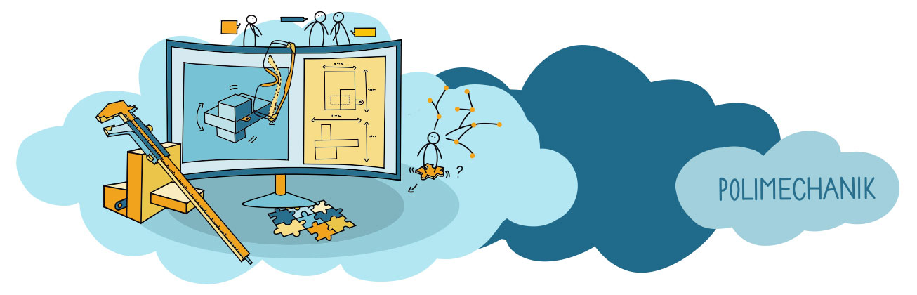Grafik Polimechanik mit Plänen auf einem Bildschirm