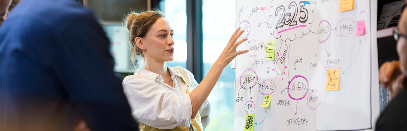 Frau mit weisser Bluse und blonden Haaren erklärt ein Projekt an einem Flipchart