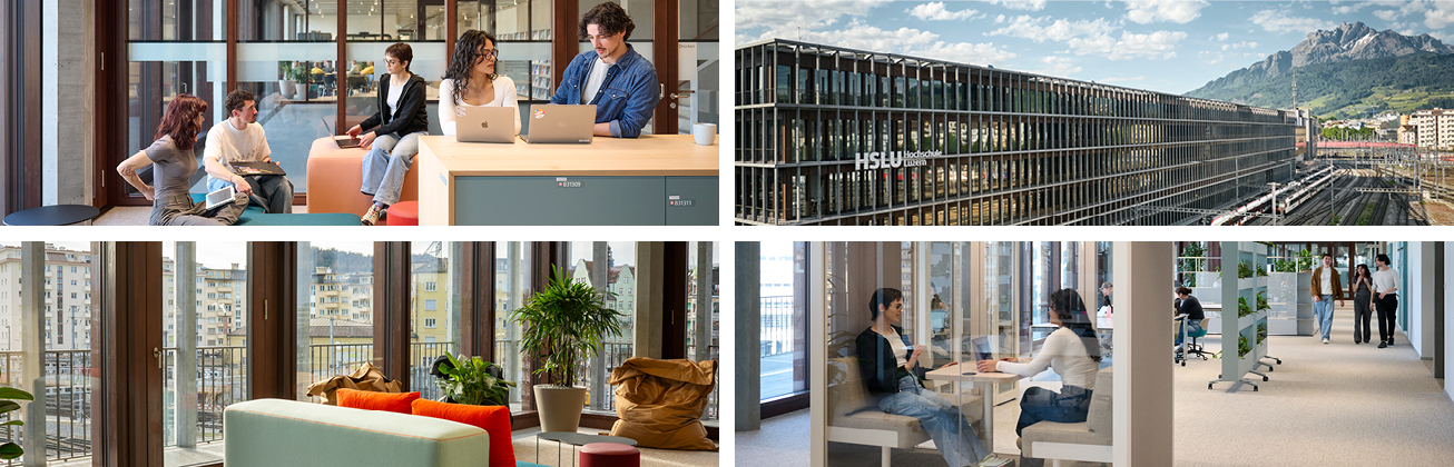 Campus Luzern Bahnhof vier Bilder von Aussen und Innenansicht