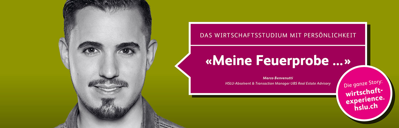 Schwarz-weiss Portrait eines HSLU-Absolventen und rechts von ihm eine Sprechblase mit Text in Pink auf einem olivegrünen Hintergrund 