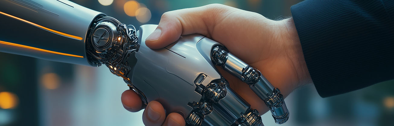 Symbolbild für KI in der Praxis: Ein Mensch schüttelt die Hand eines humanoiden Roboters
