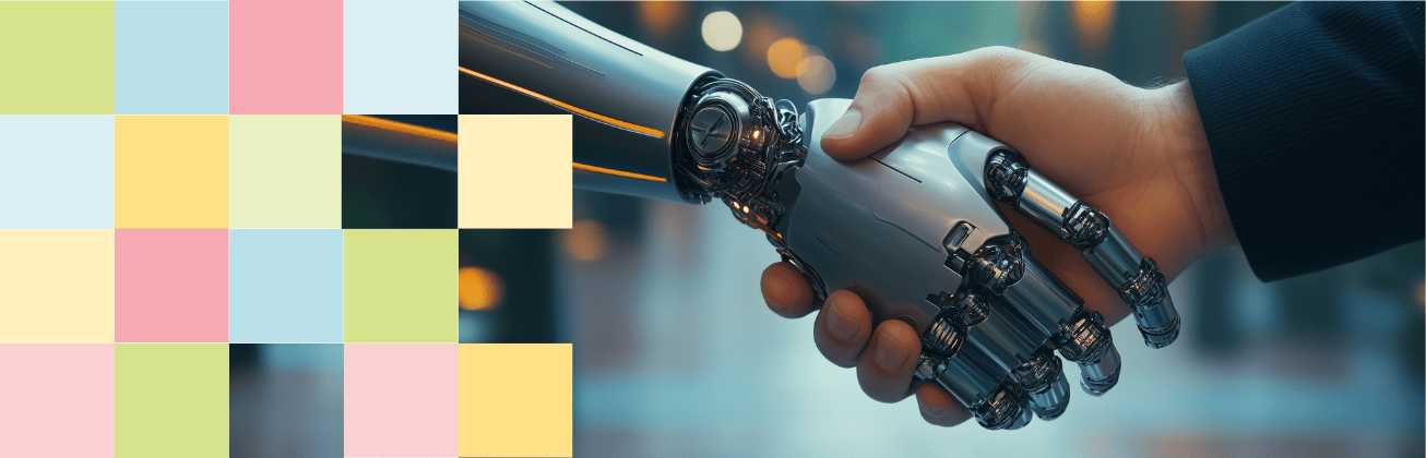 Symbolbild für KI in der Praxis: Ein Mensch schüttelt die Hand eines humanoiden Roboters