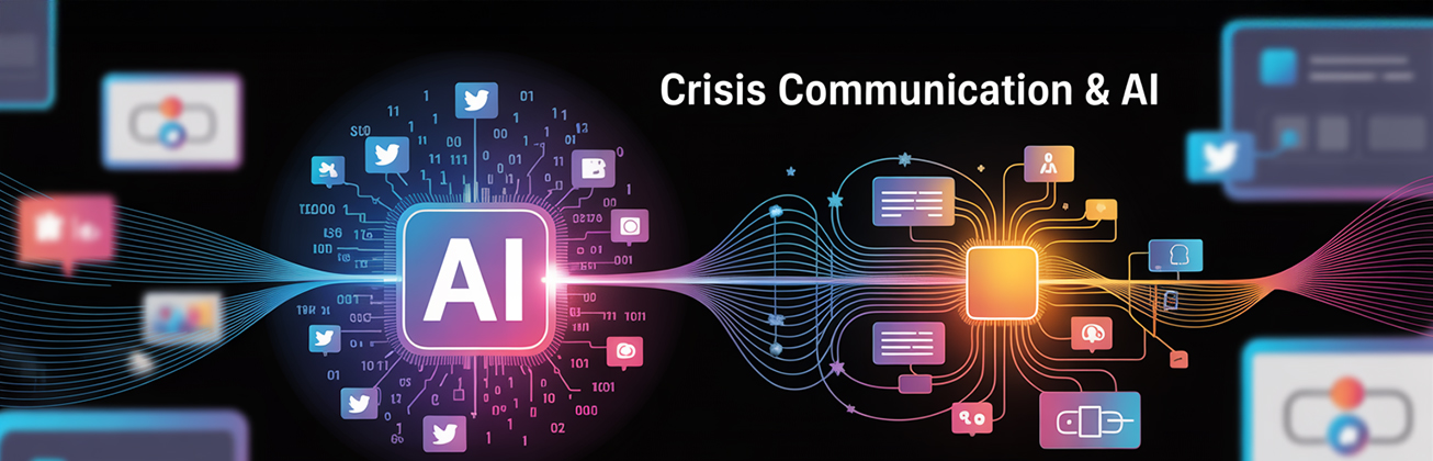 Visualisierung von AI und Krisenkommunikation mit verschiedenen Symbolen von Social Media und digitaler Welt