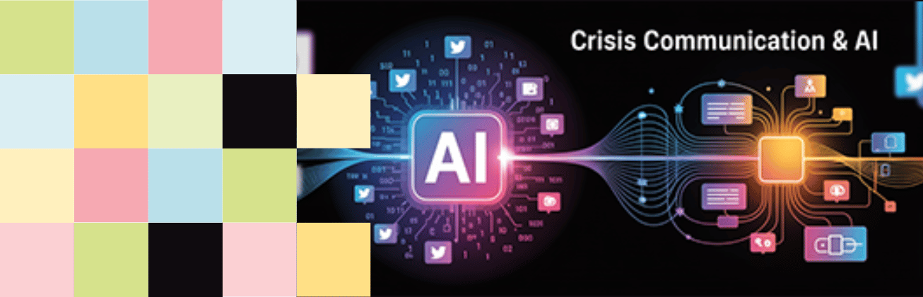 Visualisierung von AI und Krisenkommunikation mit verschiedenen Symbolen von Social Media und digitaler Welt