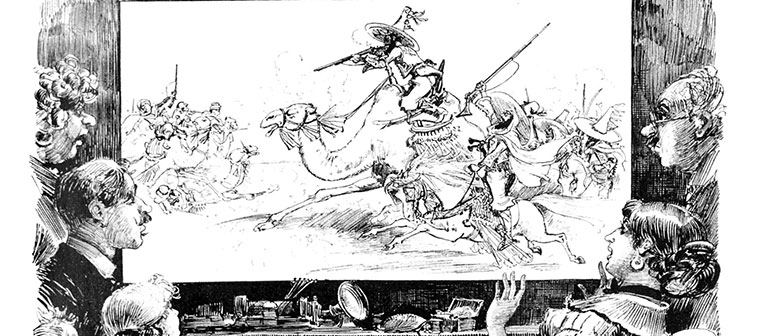 Drawing by  futurist Albert Robida, who predicts in the 1880s that a French family, on their living room couch, watching a flat-screen TV, with shocking acts of Moslem terrorism.