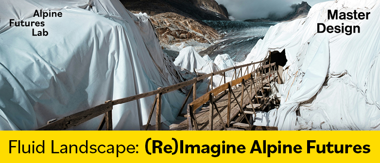 Visual für das Symposium Fluid Landscapes (Re)Imagine Alpine Futures mit einer Holzbrück zwischen einem mit Tüchern bedeckten Gletscher