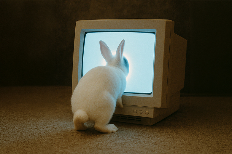 Ein weiser Hase, der in einen hellen Computerbildschirm steigt.