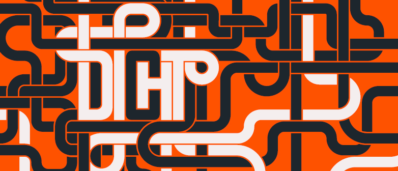 Abstraktes grafisches Muster in Orange mit verschlungenen schwarzen und weißen Linien und Buchstaben, die das Wort 