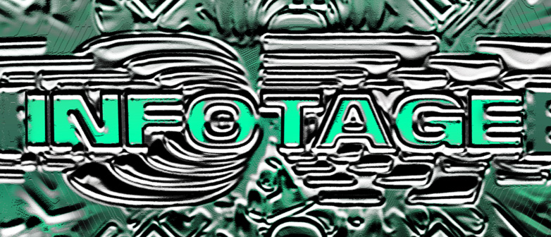 Grafisches Schriftmotiv mit dem Wort INFOTAGE in futuristischem, metallic-grünem Stil mit verzerrten Linien und 3D-Effekt.