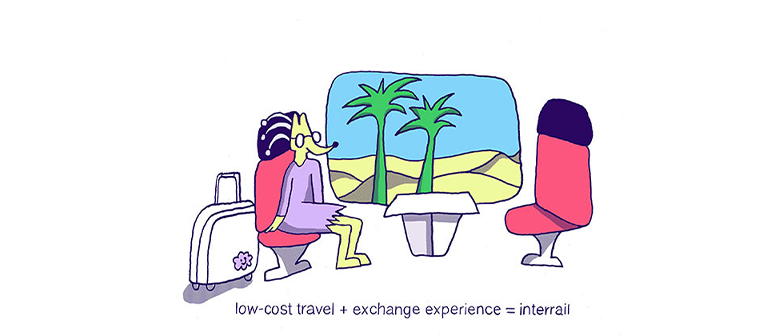 Eine Illustration von einem Hund im Zug, der mit dem Interrail ins Austuaschsemester reist. 