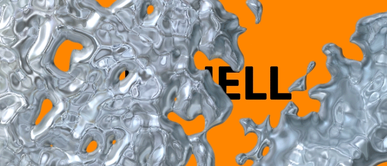 GIF für die Aktuell-Seite des Bachelor Creative Transformation. Man sieht eine silbrig-glänzende, organische 3D-Struktur auf orangefarbenem Hintergrund.