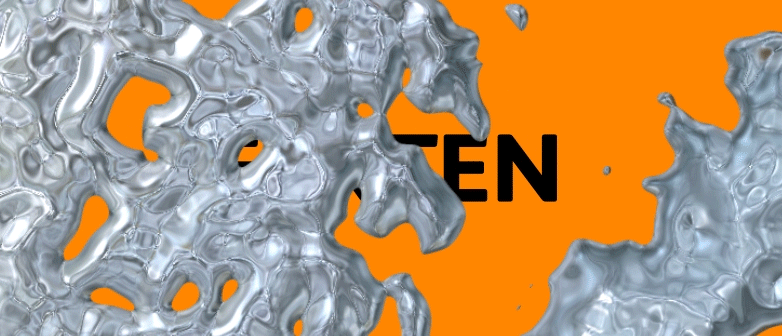 GIF für die Aktuell-Seite des Bachelor Creative Transformation. Man sieht eine silbrig-glänzende, organische 3D-Struktur auf orangefarbenem Hintergrund.