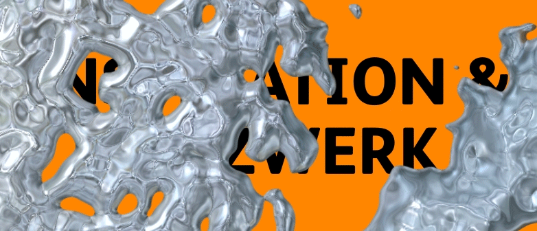 GIF für die Aktuell-Seite des Bachelor Creative Transformation. Man sieht eine silbrig-glänzende, organische 3D-Struktur auf orangefarbenem Hintergrund.