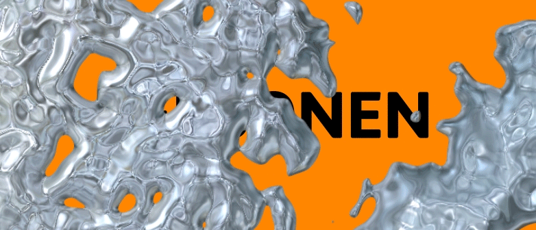 GIF für die Aktuell-Seite des Bachelor Creative Transformation. Man sieht eine silbrig-glänzende, organische 3D-Struktur auf orangefarbenem Hintergrund.