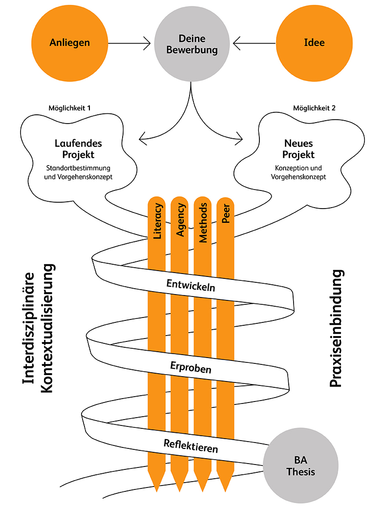 Infografik zum Studiumsablauf des Bachelor Creative Transformation. 