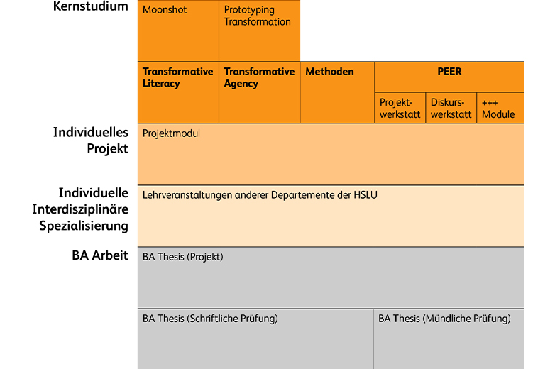 Infografik zum Curriculum des Bachelor Creative Transformation. 