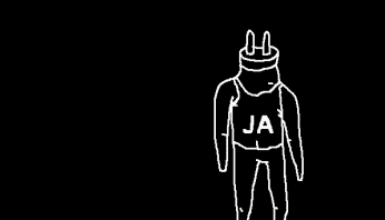 Animation einer weiss skizzierten Person auf schwarzem Hintergrund, die sich wiederholend nach vorne und hinten dreht und vorne auf dem Shirt steht 