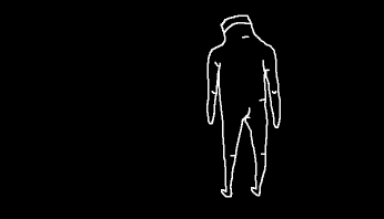 Animation einer in weiss skizierten Person auf schwarzem Hintergrund, die in die Knie geht und einen Stuhlgang hat