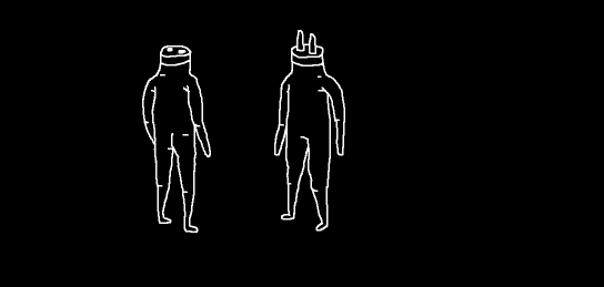 Animation zwei in Weiss skizzierten Personen, die eine Person hat zwei Stecker auf dem Kopf und steckt sich bei der anderen Person, die eine Steckdose auf dem Kopf hat, ein