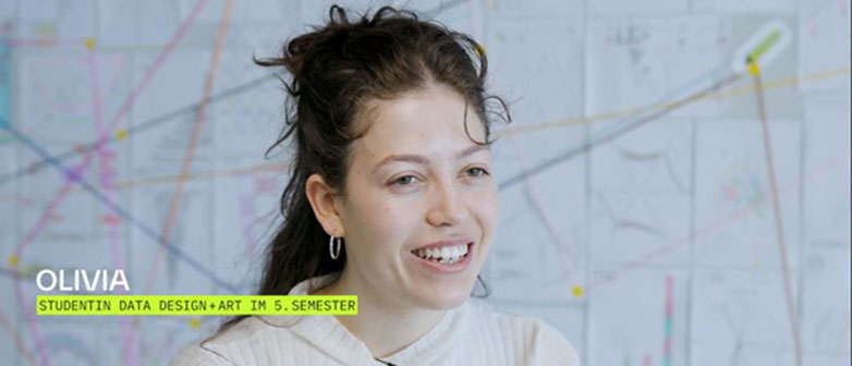 Filmstill portrait of Olivia, student bachelor data design + art