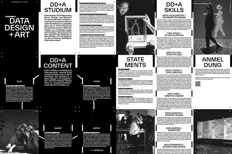 Ein schwarz-weiss Faltflyer, der Infos zum Studiengang Data Design + Art gibt. 