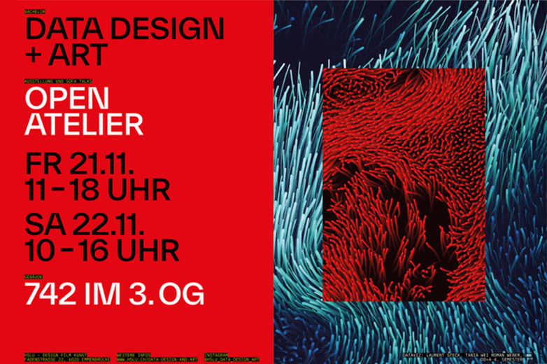 Infoposter des Bachelor Data Design + Art für die Infotage 2025 an der HSLU – Design Film Kunst. 