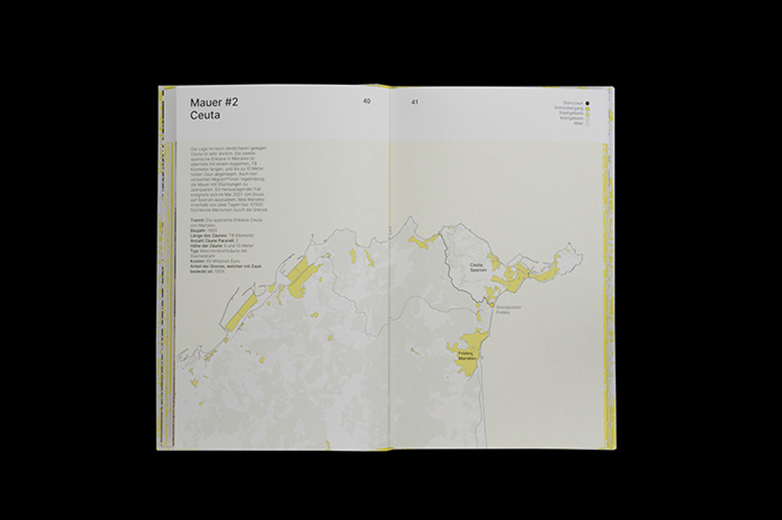 	Doppelseite mit Karte zur Mauer in Ceuta Reduzierte Karte mit gelben Flächen zeigt die Lage der Grenzanlage um Ceuta an der Schnittstelle zwischen Europa und Afrika.