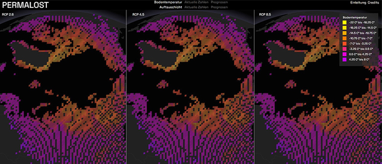 Drei Karten zur Temperaturprognose Vergleich von drei Szenarien zur Bodentemperaturentwicklung im Permafrost, in Pink-, Orange- und Gelbtönen.