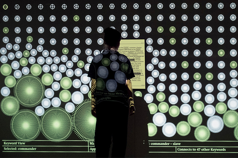  Person steht vor interaktiver Projektion mit hunderten leuchtenden Symbolen; auf der Wand erscheint eine Textanalyse zur Rolle von „commander – slave“.