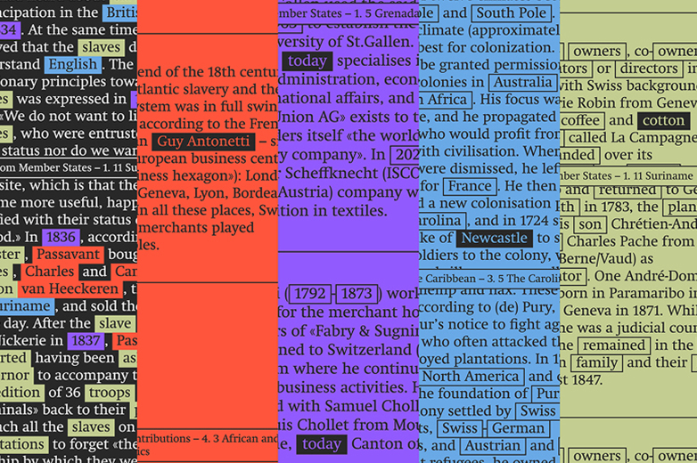 Ausschnitt aus farbcodiertem Textdokument mit Informationen zu Kolonialismus, historischen Figuren, Orten und Jahreszahlen.