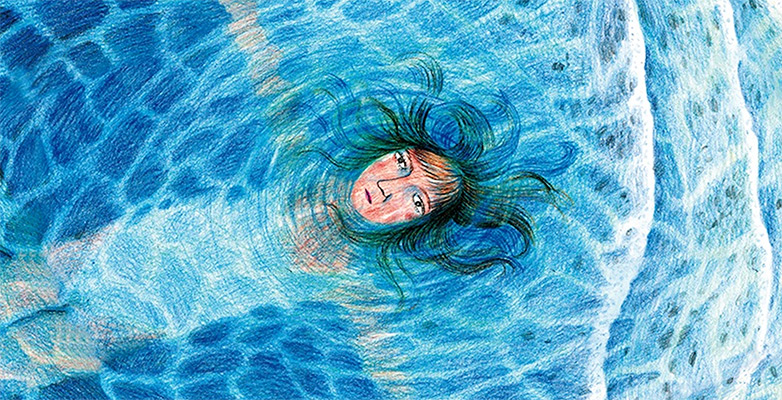 Illustration einer jungen Frau im blau leuchtenden Wasser