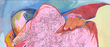 Farbstarke, abstrakt-expressionistische Illustration einer umarmenden Figur – In Rosa-, Blau- und Grüntönen gemaltes Motiv mit kräftigen Linien und Texturen. Die Szene wirkt emotional und körperlich nah.