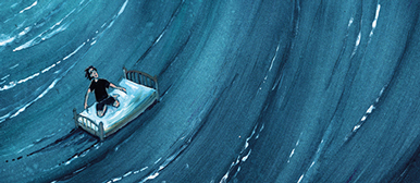 Illustration von einem Jungen, der mit dem Bett eine Welle surft