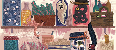 Regal mit Hexensachen, Illustration von Eva Rust