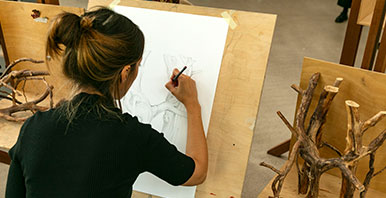 Eine Studentin zeichnet einen Ast im Atelier